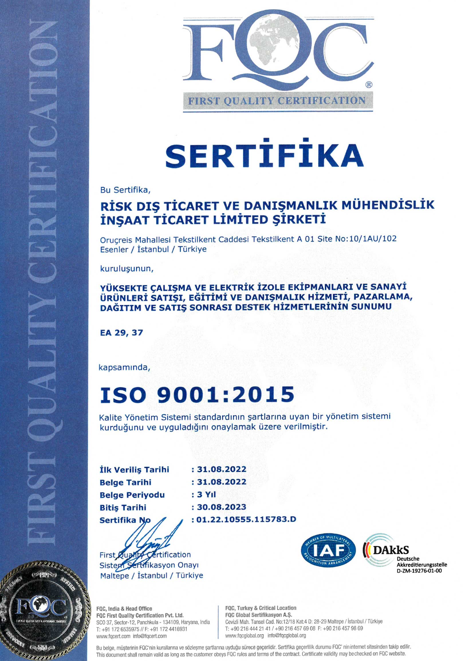 Kalite Yönetim Sistemi Sertifikası ISO 9001:2015